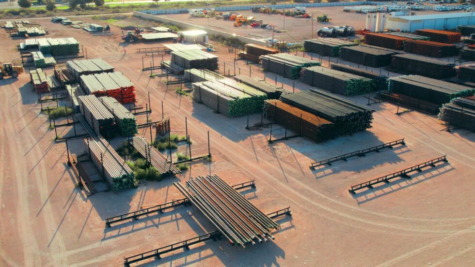 AC Pipe yard with staged steel product